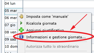 Menu contestuale sulla giornata lavorata